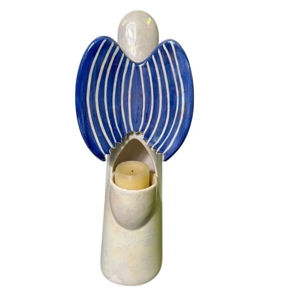Serene Blue and Cream Angel‎ Candle Holder, 11.75 inches tall